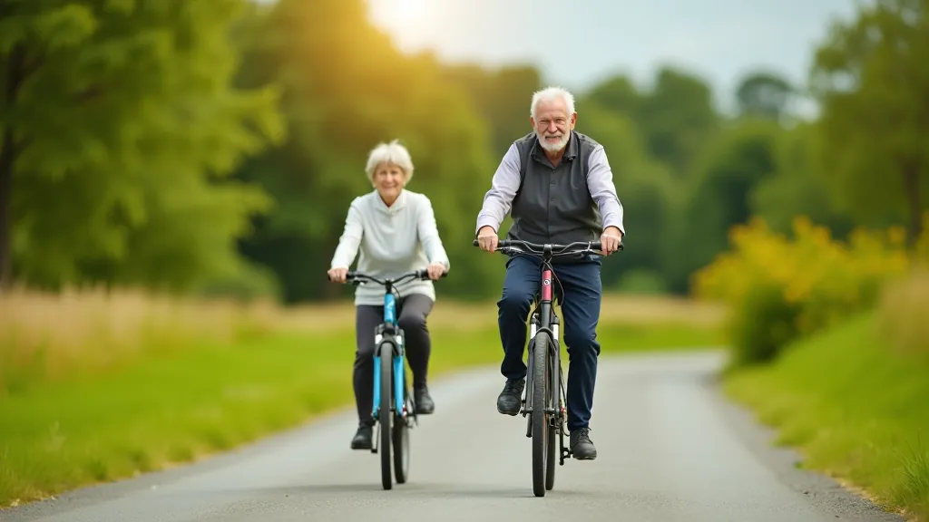 Mature couple theofficeofnow on a paved greenway path surrounded by trees and flowers