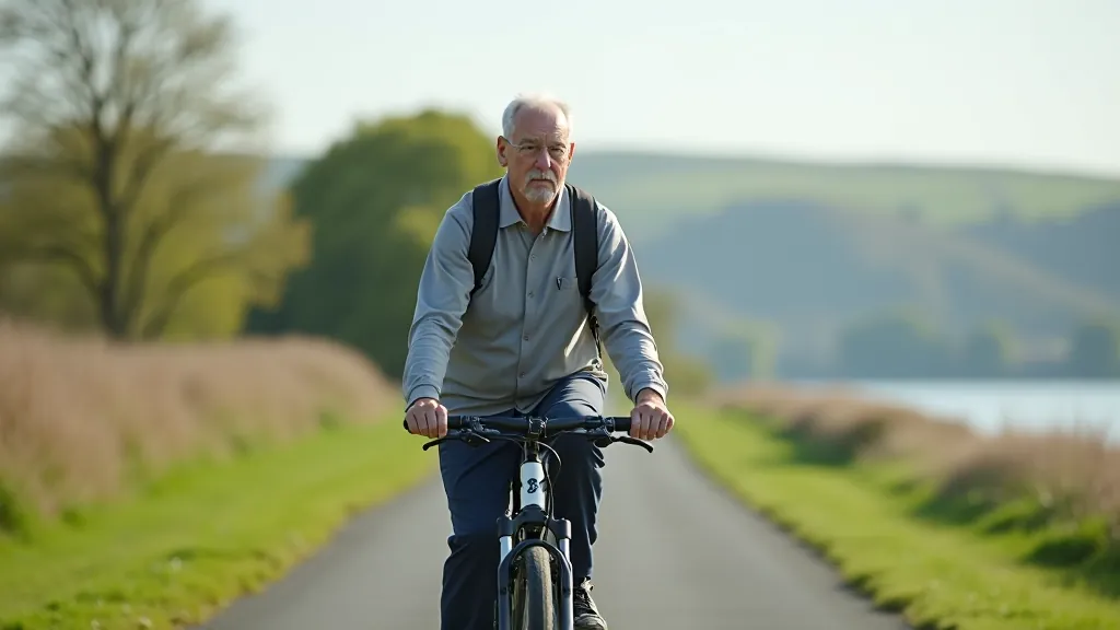 Senior cyclist on an electric bike with visible battery pack, theofficeofnow on a waterside path
