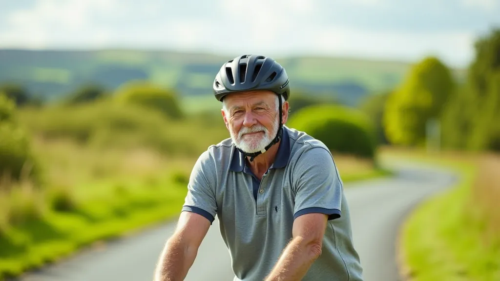 Senior cyclist riding an e-bike on a scenic Irish greenway path