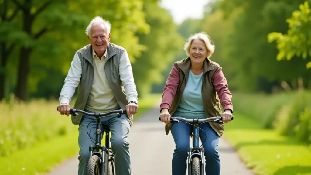 Senior cyclists enjoying a sunny ride on a flat, well-maintained greenway path with scenic countryside views